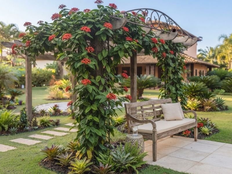 Clerodendro vermelho florido em pergolado ao lado de banco no jardim