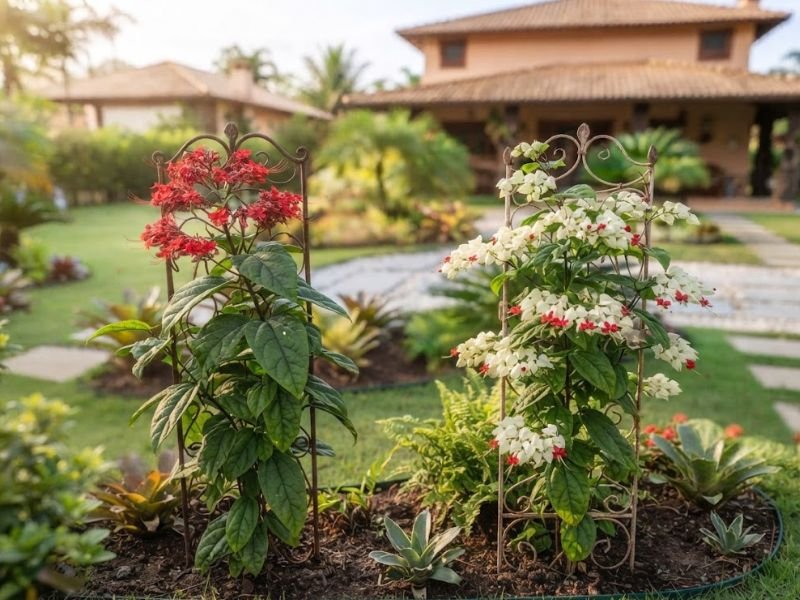 Clerodendro vermelho e lágrima-de-cristo cultivados lado a lado