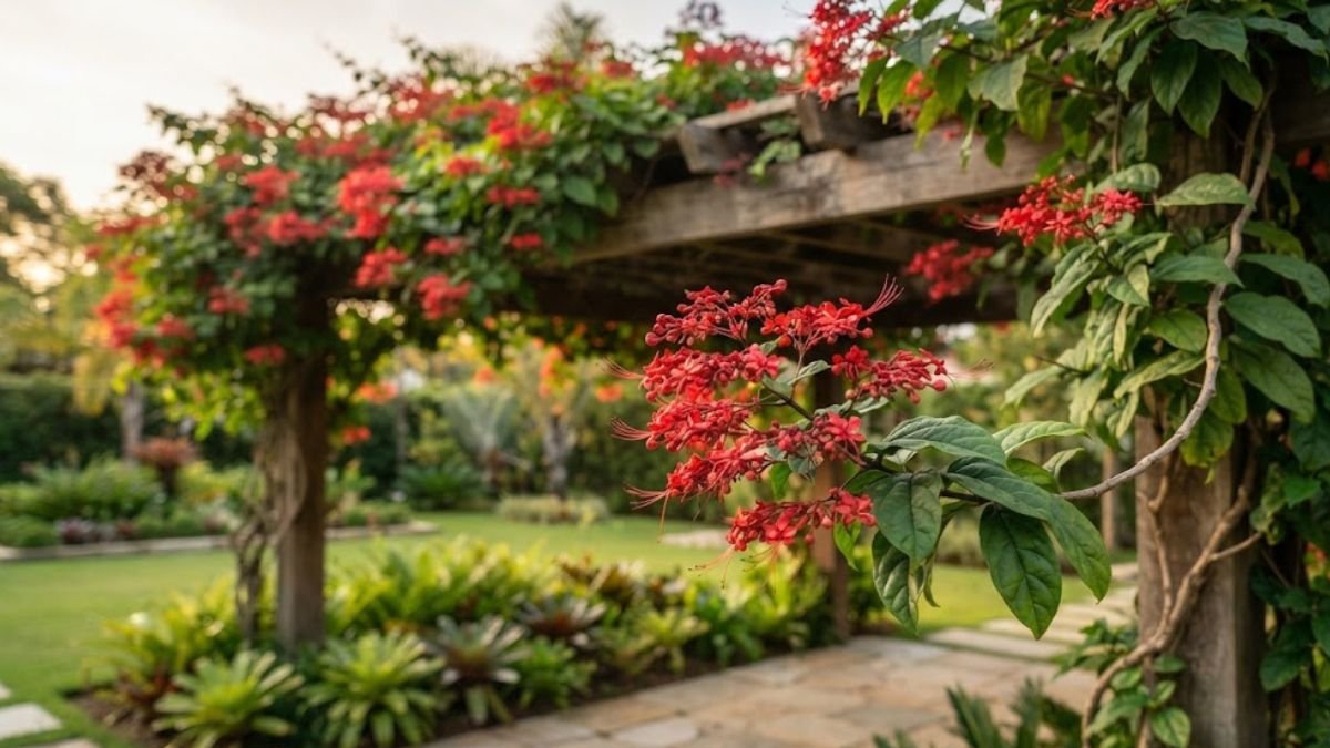 Clerodendro vermelho com ramo florido em destaque ligado ao pergolado