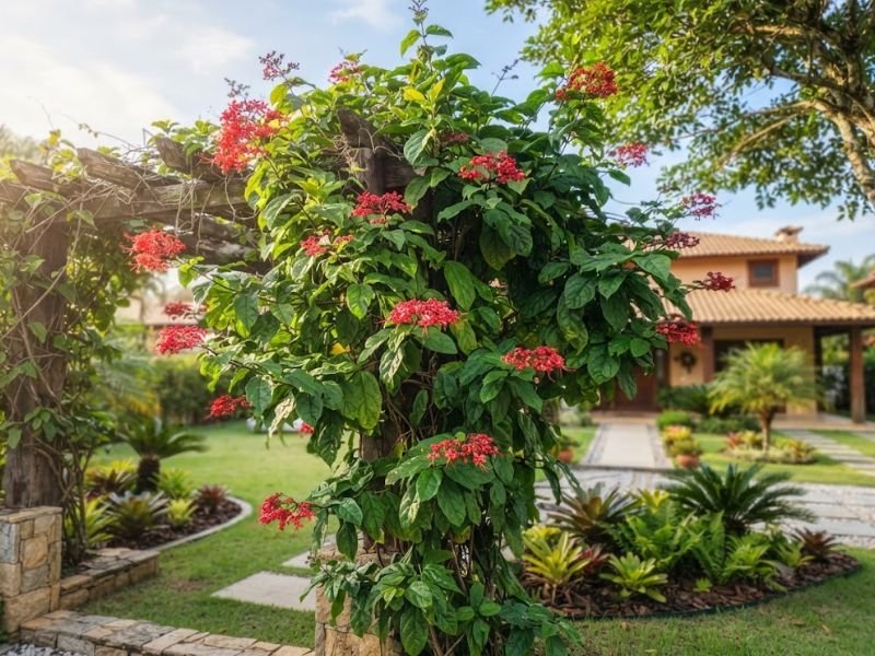 Clerodendro vermelho recebendo luz natural em área clara do jardim
