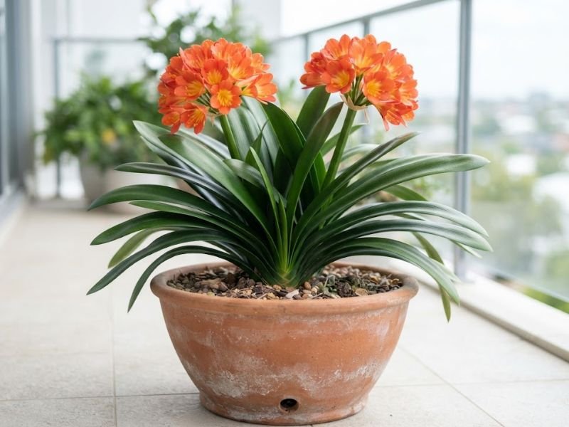 Clívia miniata florida cultivada em vaso largo de terracota