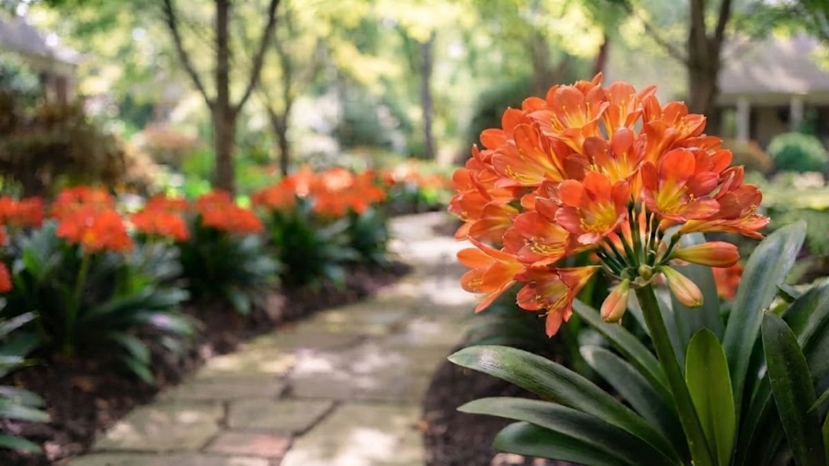 Clívia miniata com flores alaranjadas em foco diante de caminho florido no jardim