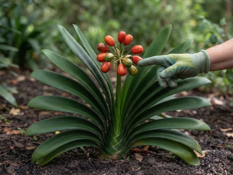 Frutos alaranjados maduros em uma haste de clívia miniata
