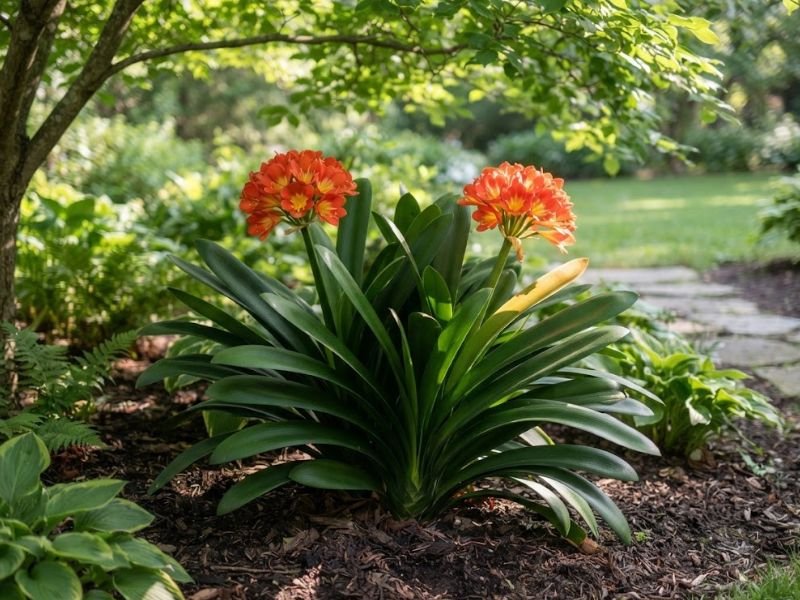 Clívia miniata florida cultivada sob luz filtrada em jardim de meia-sombra