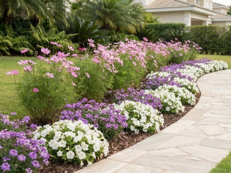 Canteiro curvo com flores brancas e lilases na frente e cosmos rosas mais altos atrás.