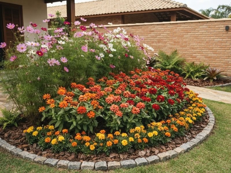 Cosmos, zínias e tagetes combinados em camadas dentro de um canteiro curvo