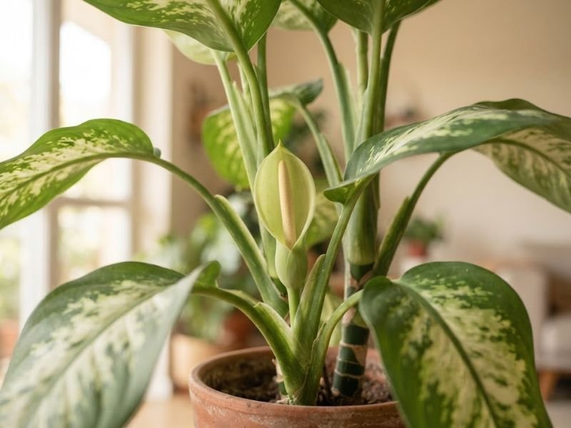 Inflorescência discreta de Dieffenbachia entre as folhas da planta