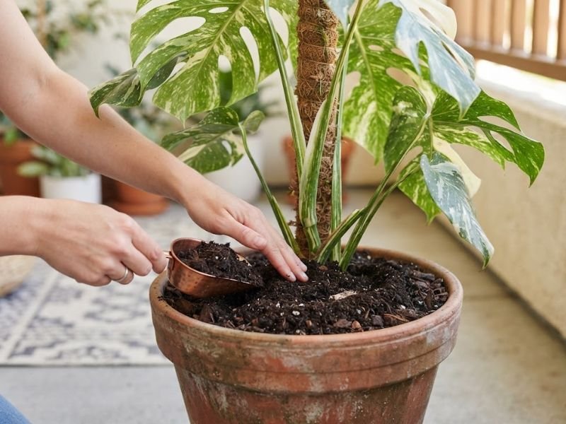 Composto orgânico sendo aplicado na costela de adão variegata