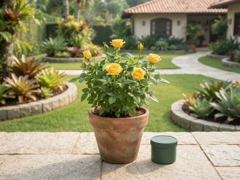 Mini rosa amarela saudável em vaso com recipiente de adubo ao lado.