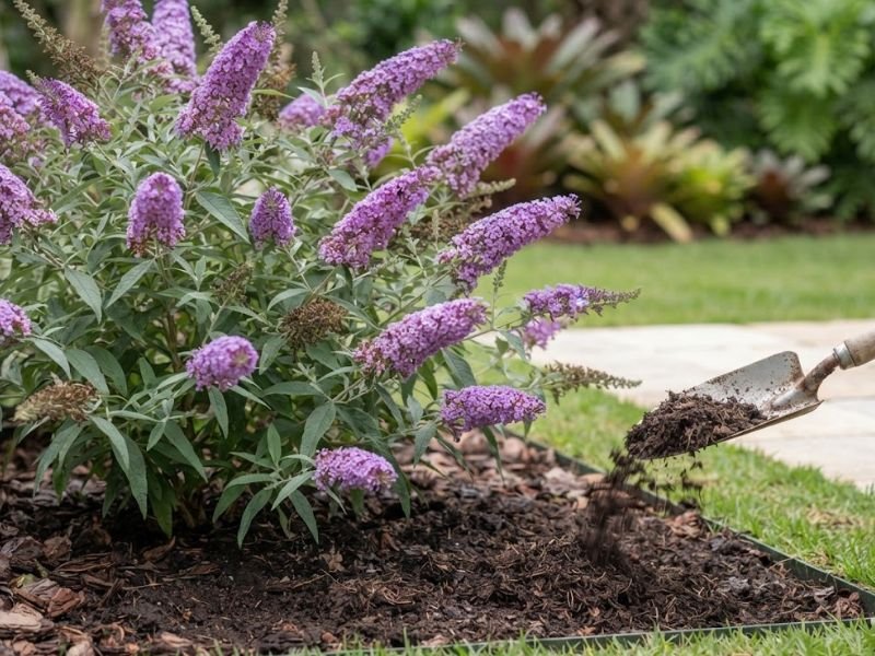 Composto orgânico sendo distribuído no solo ao redor de uma buddleia florida