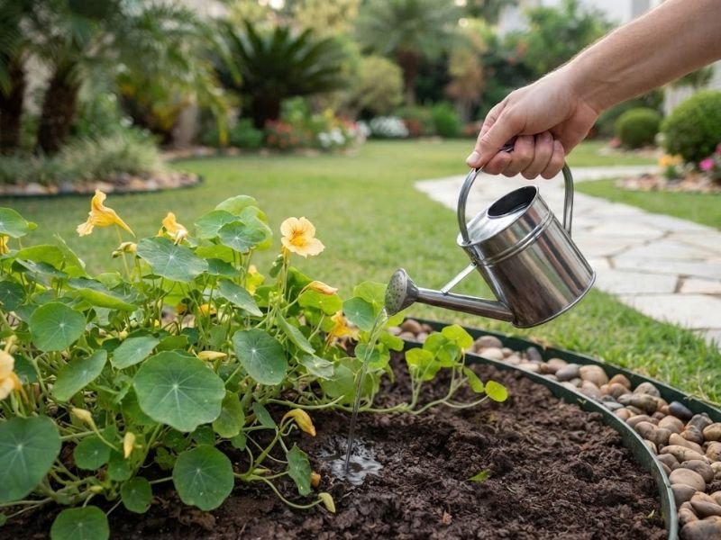 Pessoa utilizando um regador metálico para molhar o solo próximo a uma capuchinha com flores amarelas cultivada em canteiro.