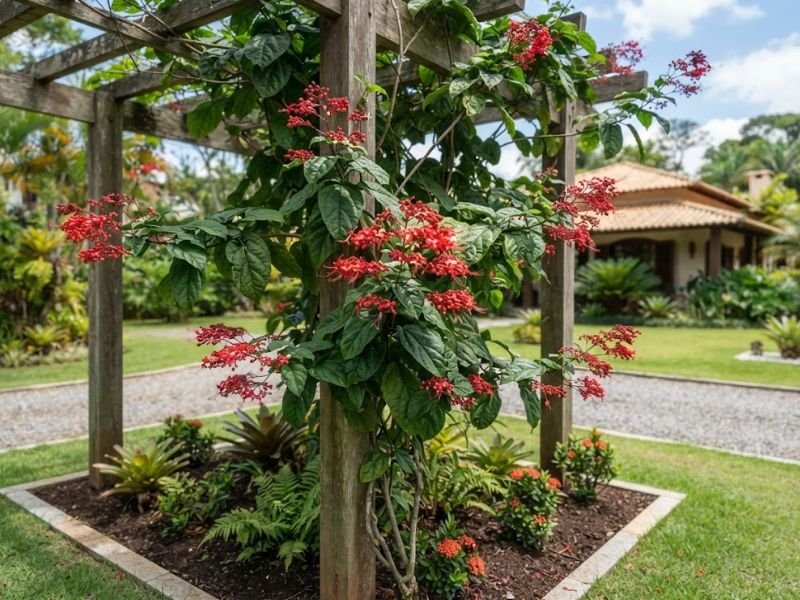 Clerodendro vermelho saudável cultivado em estrutura de madeira no jardim