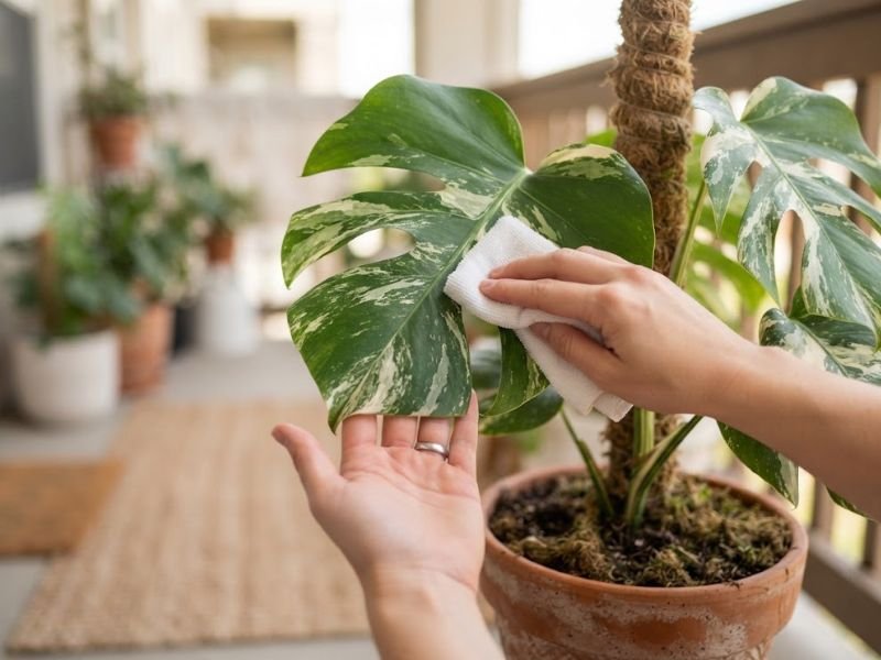 Mãos limpando uma folha de costela de adão variegata