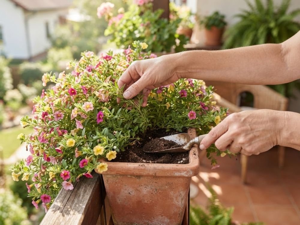 Cuidados com calibrachoa cultivada em vaso durante verificação da umidade do substrato