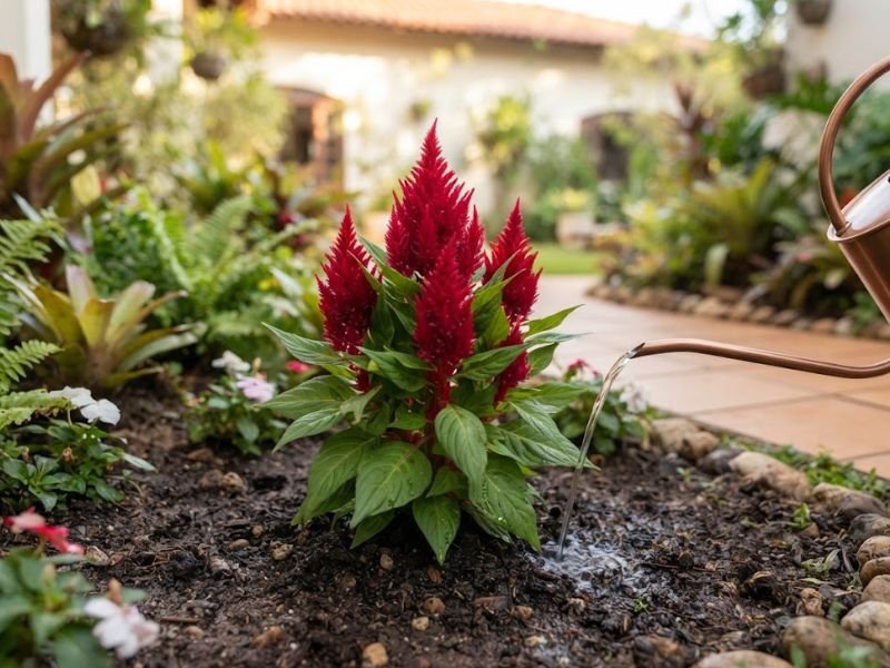 Celósia plumosa vermelha recebendo rega diretamente na terra do canteiro