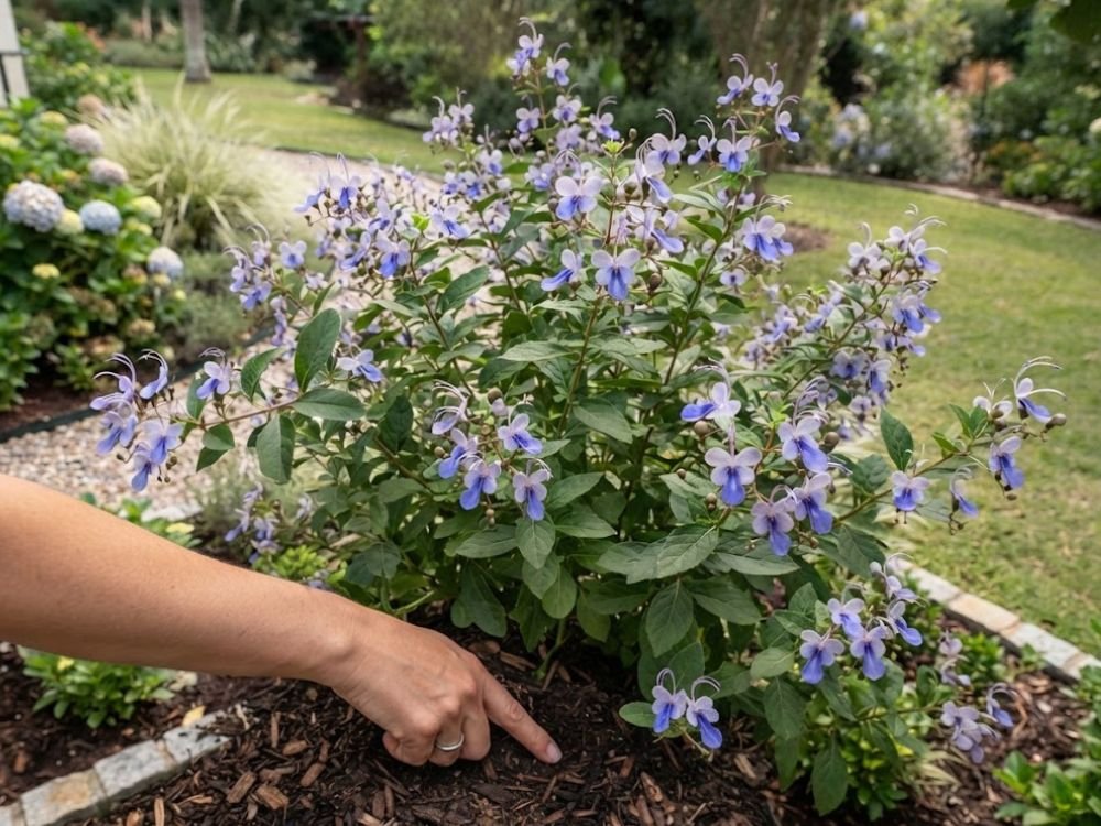Cuidados com flor borboleta azul durante verificação do solo junto à planta