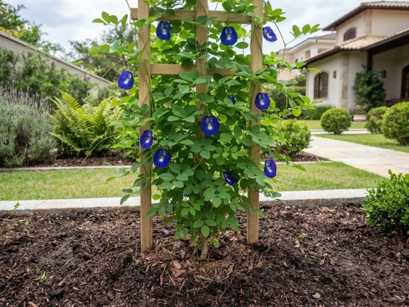 Flor fada azul saudável em treliça, com folhas verdes, flores azuis e solo bem cuidado em jardim residencial.