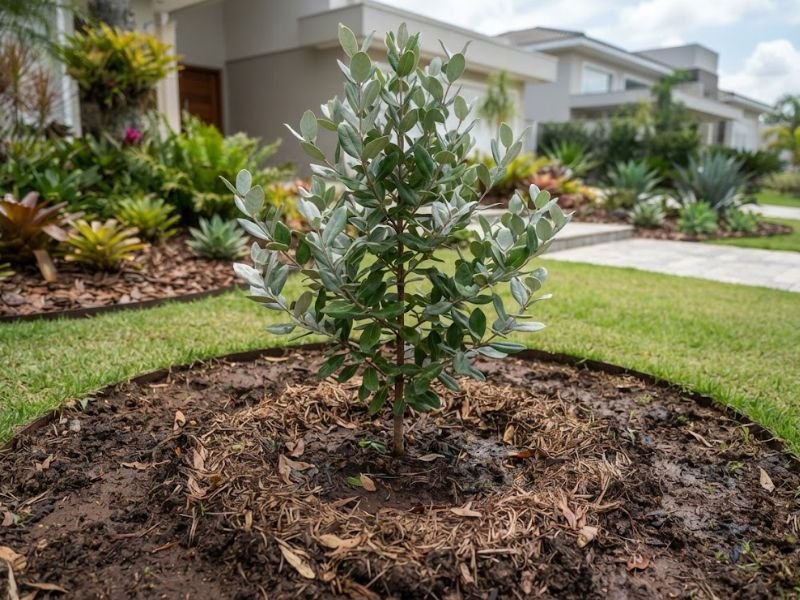 Goiaba serrana jovem saudável com cobertura vegetal protegendo o solo ao redor da planta