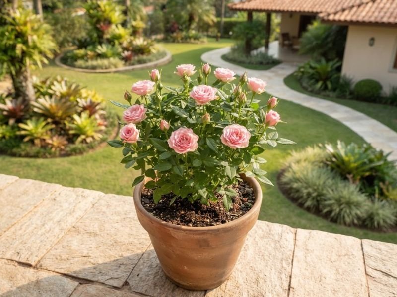 Mini rosa cor-de-rosa saudável em vaso recebendo bastante luminosidade no jardim.