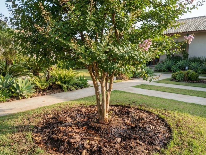 Base de extremosa com solo úmido e cobertura vegetal sem tocar o tronco