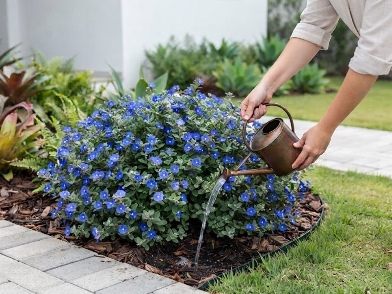 Cuidados com flor azulzinha em canteiro com rega feita junto à base da planta