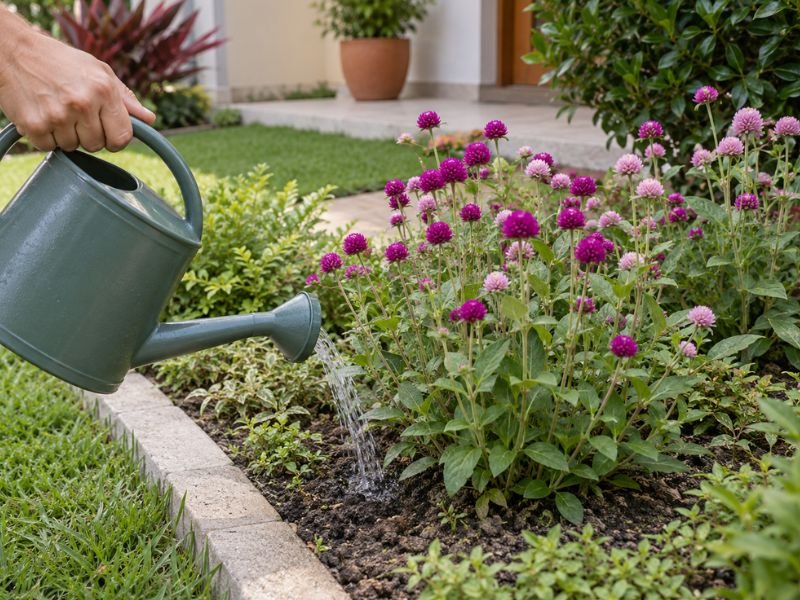 Pessoa regando a base de flores perpétuas cultivadas em canteiro