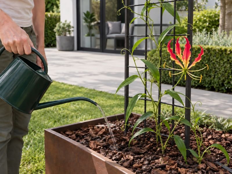 Pessoa regando a base de uma Gloriosa superba cultivada em jardineira com suporte