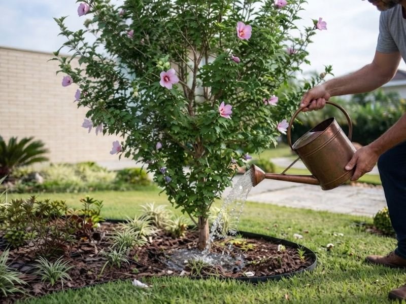 Pessoa utilizando regador para molhar o solo próximo à base de um hibisco da Síria florido.