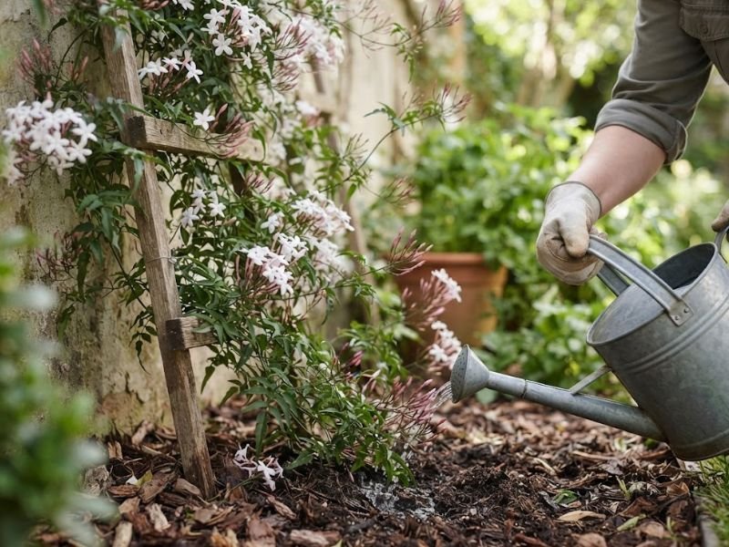 Pessoa regando jasmim dos poetas cultivado junto a uma treliça no jardim