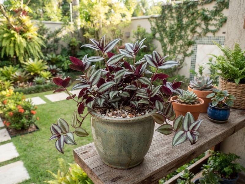 Lambari roxo saudável e cheio em vaso sobre prateleira de madeira