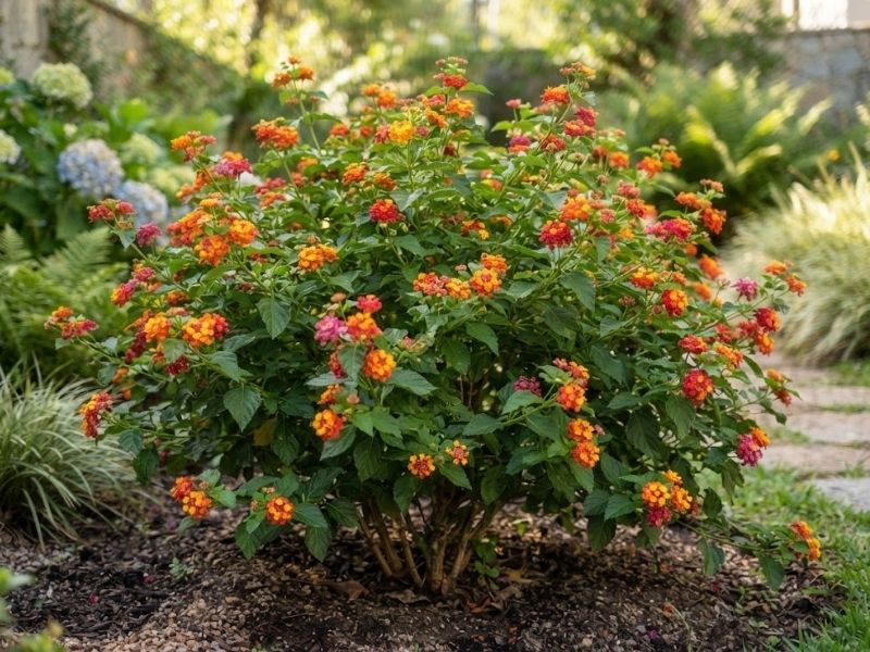 Lantana camara saudável e florida cultivada em canteiro ensolarado