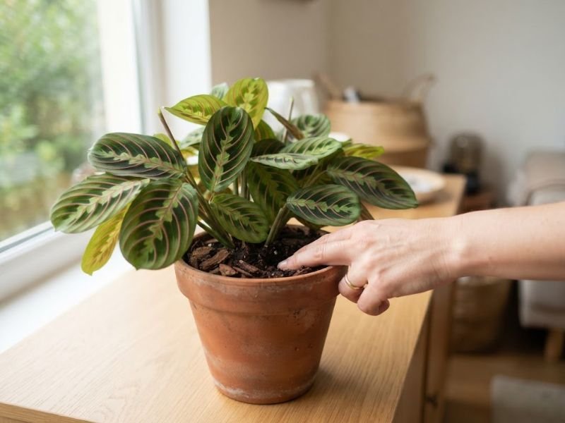 Pessoa verificando o substrato de uma maranta leuconeura dentro de casa
