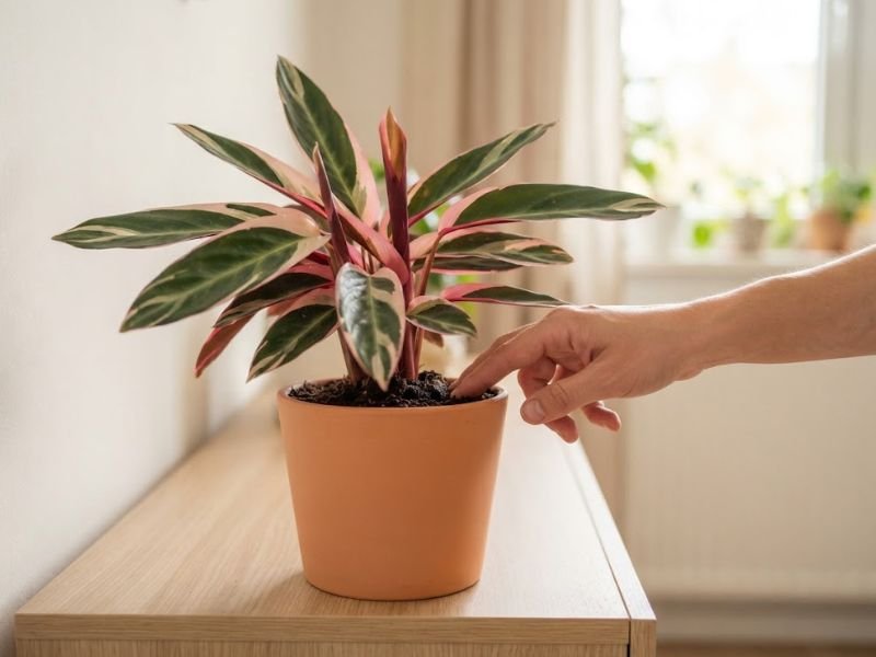 Pessoa verificando o substrato de uma maranta tricolor cultivada dentro de casa