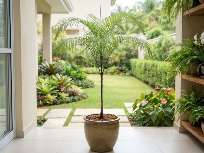 Palmeira de Petrópolis saudável cultivada em vaso em varanda iluminada