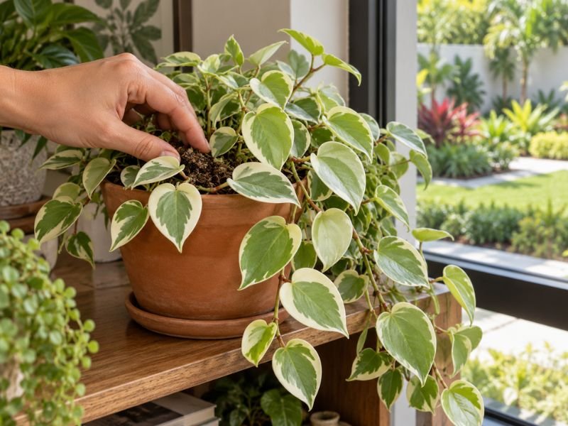 Verificação da umidade do substrato de uma Peperomia scandens variegata cultivada em vaso.