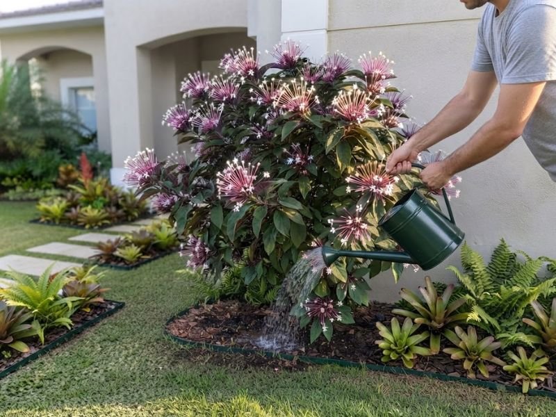 Pessoa regando a base de uma planta cotonete cultivada em canteiro de jardim residencial.