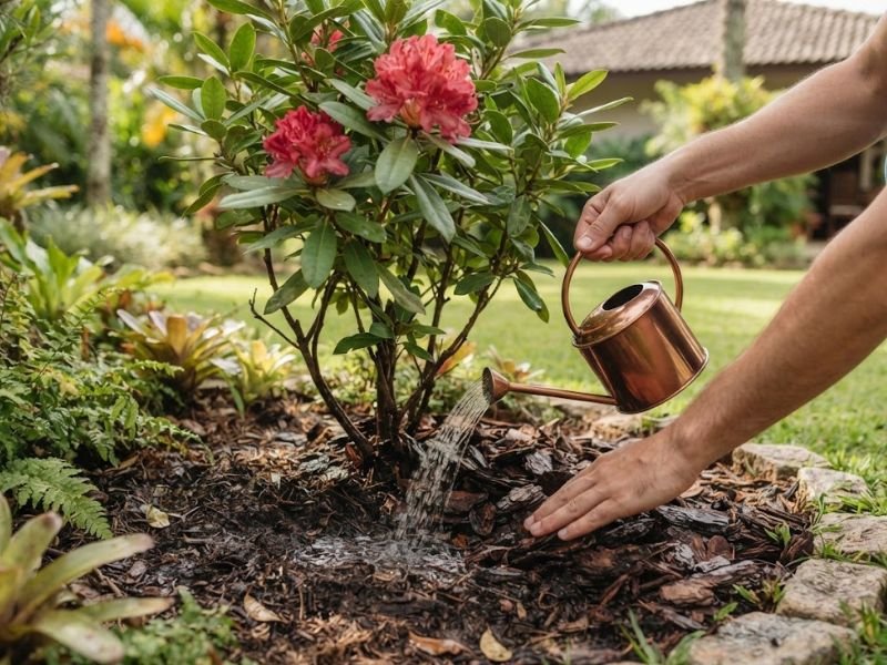 Mãos cuidando do rododendro com rega suave e solo úmido