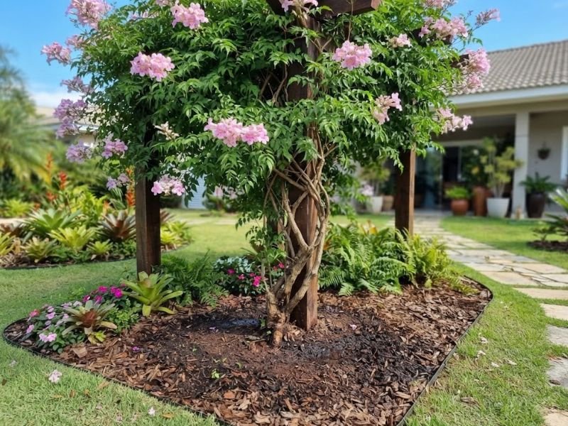 Trepadeira sete léguas saudável conduzida em estrutura com solo coberto e jardim bem cuidado ao redor.