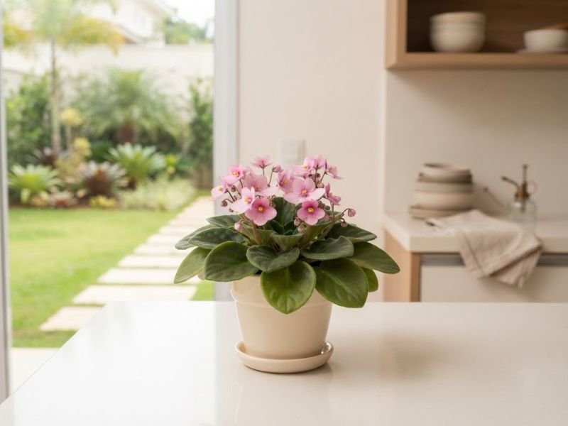 Violeta-africana rosa saudável em vaso pequeno sobre bancada clara