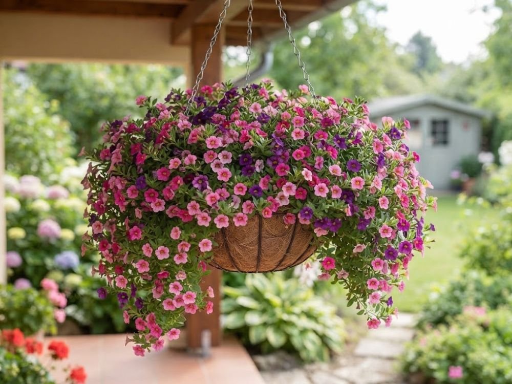 Calibrachoa rosa florida e pendente cultivada em vaso suspenso