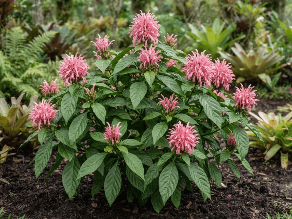 Justicia carnea cheia de inflorescências rosadas em diferentes estágios