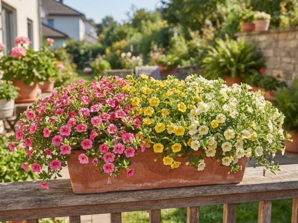 Calibrachoa com floração abundante e muitos ramos cobertos por flores rosas