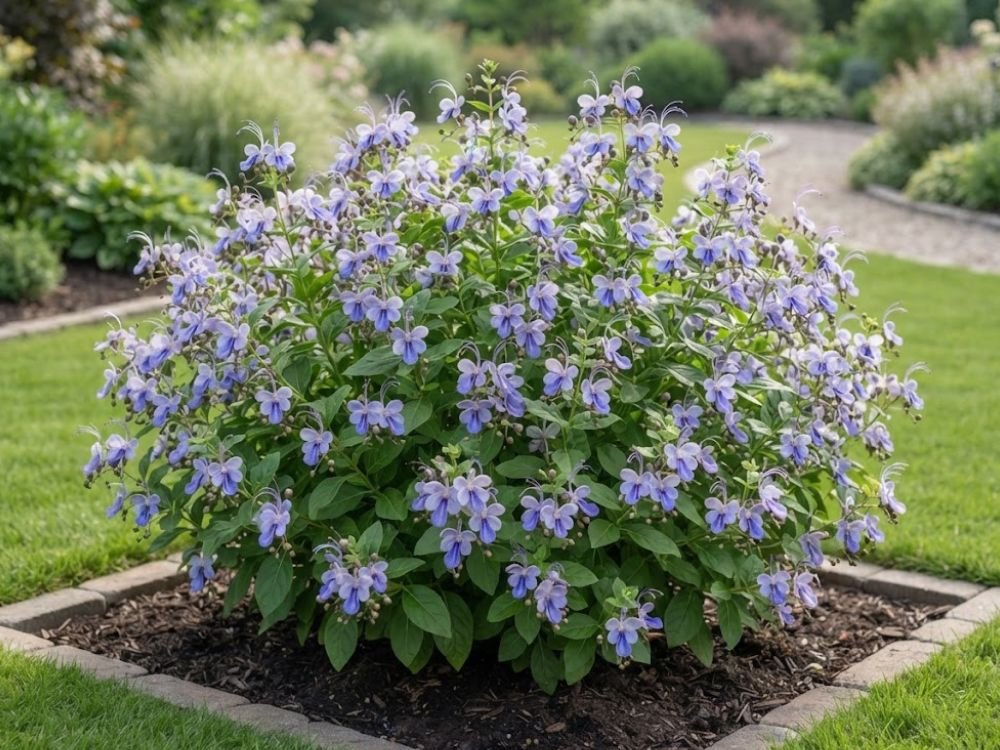 Rotheca myricoides com floração abundante em jardim residencial