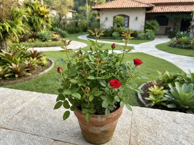 Mini rosa vermelha com brotos novos, botões e poucas flores abertas.
