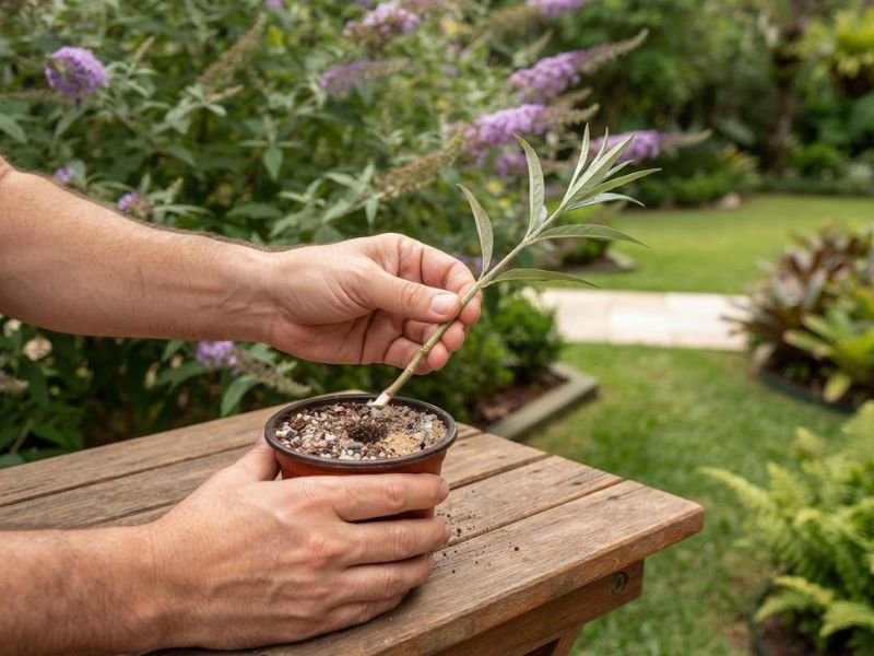 Estaca de buddleia sendo colocada em pequeno vaso com substrato