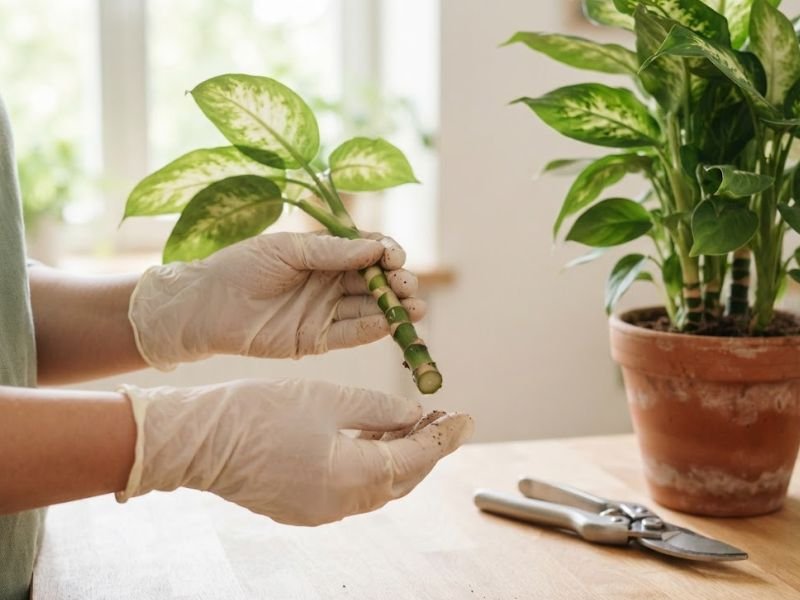 Mãos com luvas segurando segmento de caule para fazer muda de comigo ninguém pode