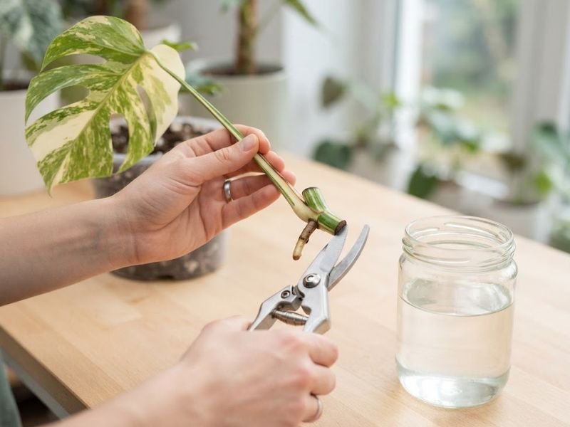 Estaca de costela de adão variegata sendo cortada abaixo do nó