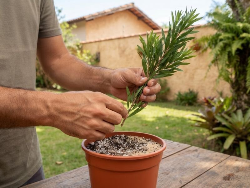 Estaca de calistemo sendo preparada para plantio em vaso com substrato leve.