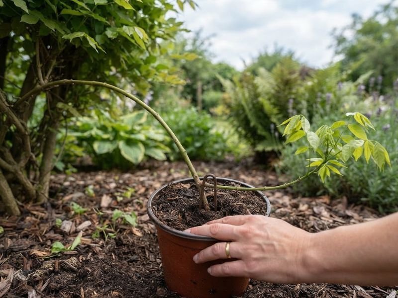 Muda jovem de glicínia em pequeno vaso sendo manuseada no jardim