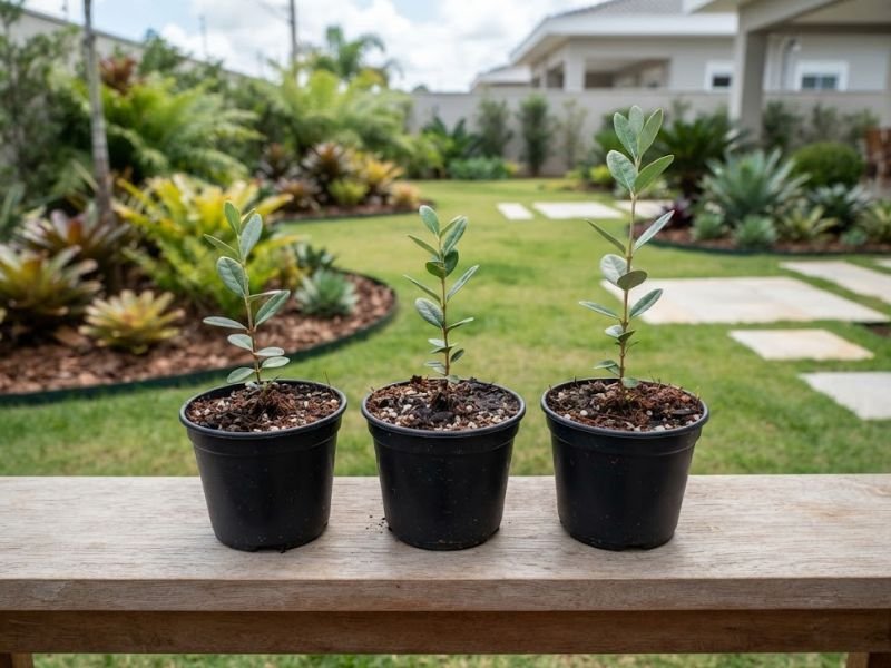 Mudas jovens de goiaba serrana cultivadas em pequenos recipientes com substrato drenado